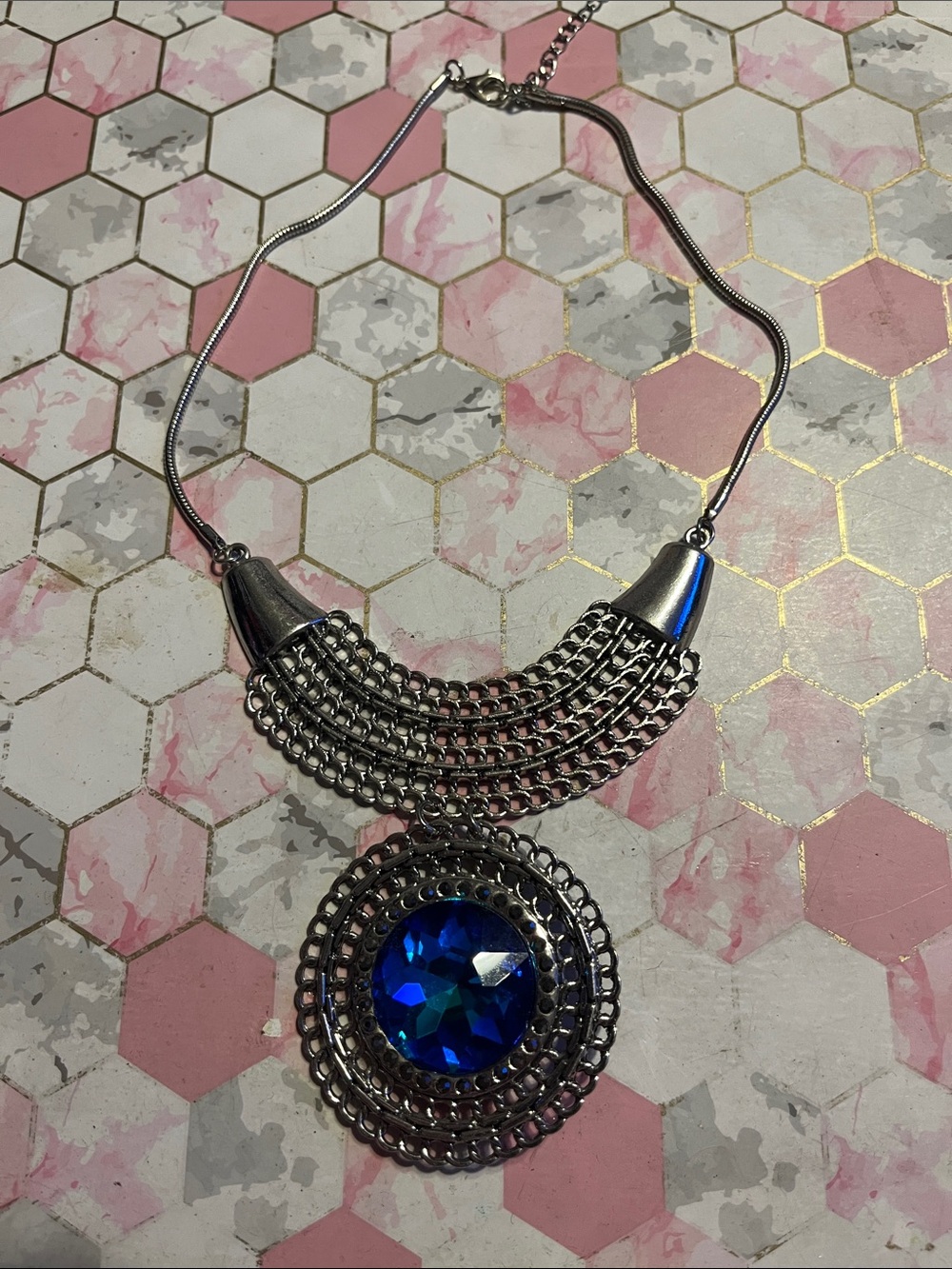 paparazzi Silver-Tone Necklace with Vibrant Blue Faceted Pendant